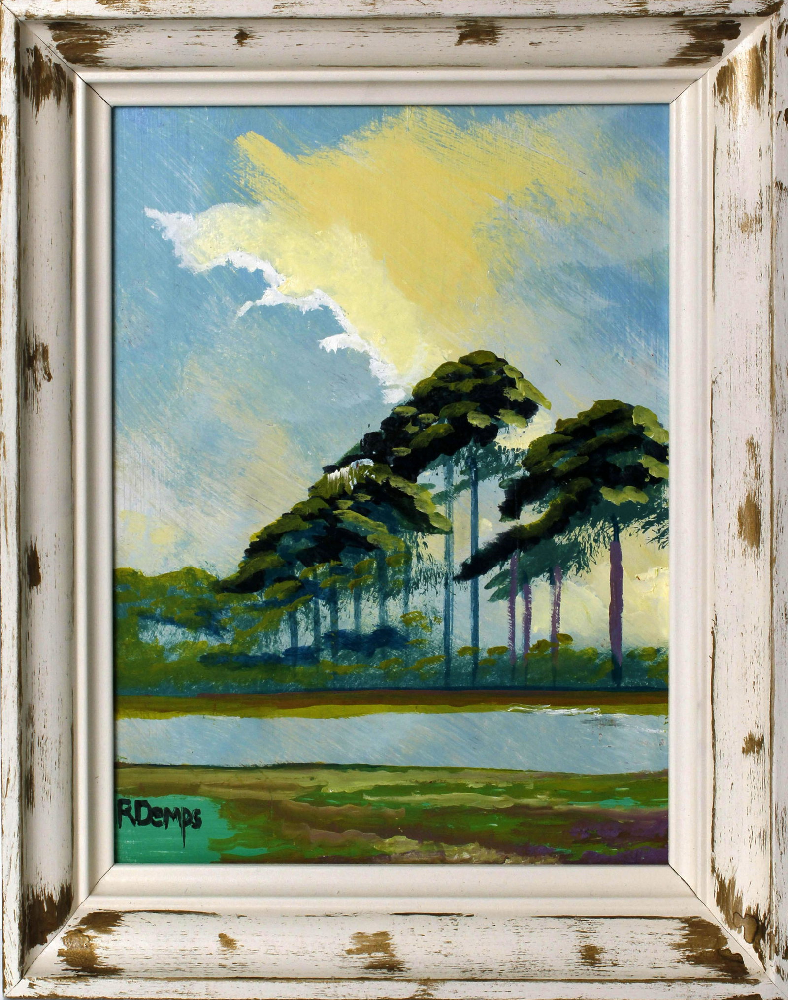 RODNEY DEMPS FLORIDA HIGHWAYMEN RIVERSIDE TREELINE: Demps, Rodney (1953- 2020), Florida Highwaymen Artist. Oil on masonite - signed lower left and initialed on reverse. Riverside forest scene. Board measures 12x16 framed to overall size of15x19. Condit