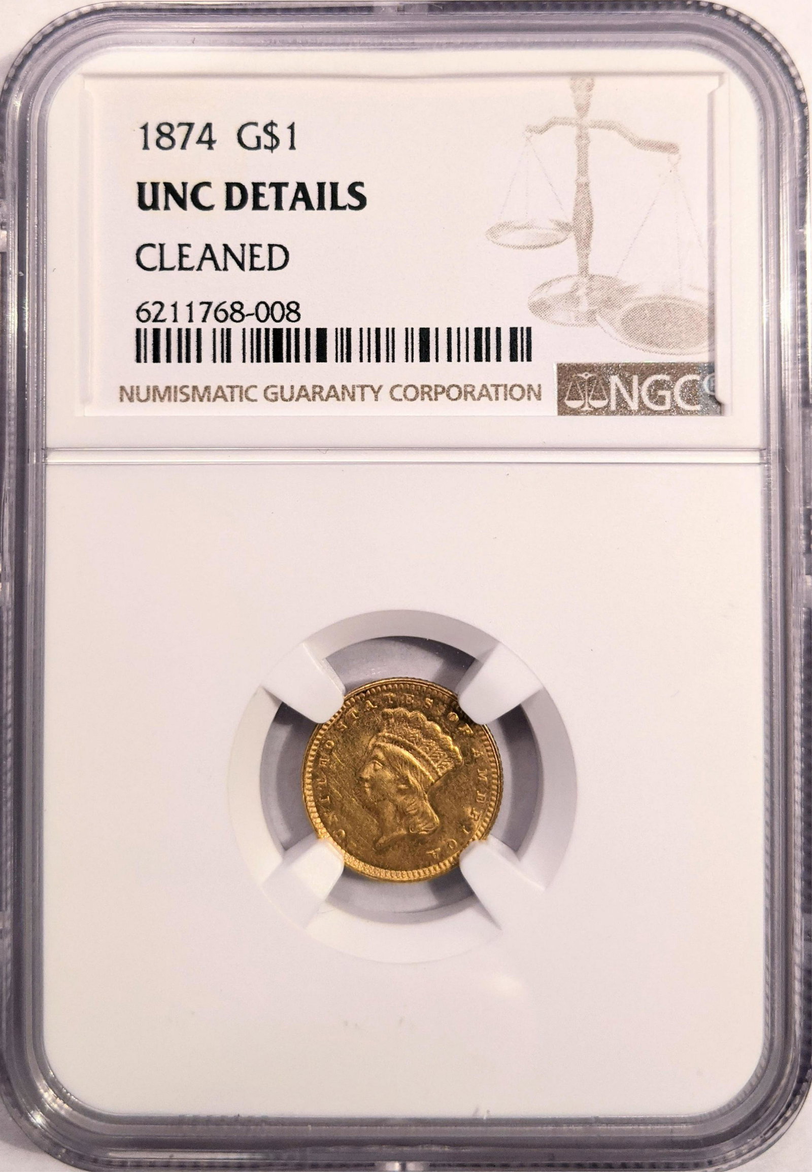 1874 GOLD DOLLAR NGC GRADED UNCIRCULATED CLEANED (1 of 2)