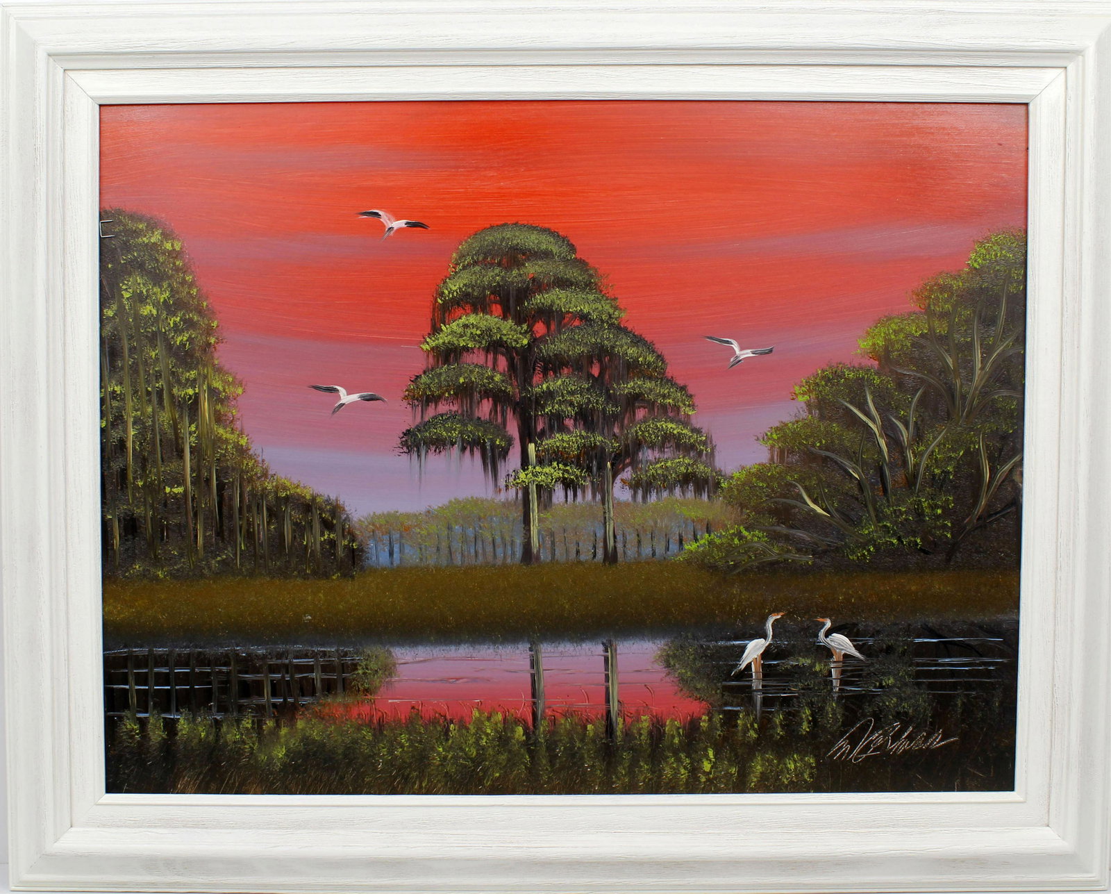 AL BLACK FLORIDA HIGHWAYMEN EVENING FLIGHT: Black, Albert (B. 1947), Florida Highwaymen Artist. Oil on masonite - signed lower right. Deep hues of pink and purple paint the evening sky. Board measures 18x24 framed to overall size of 23.5 x29.5.