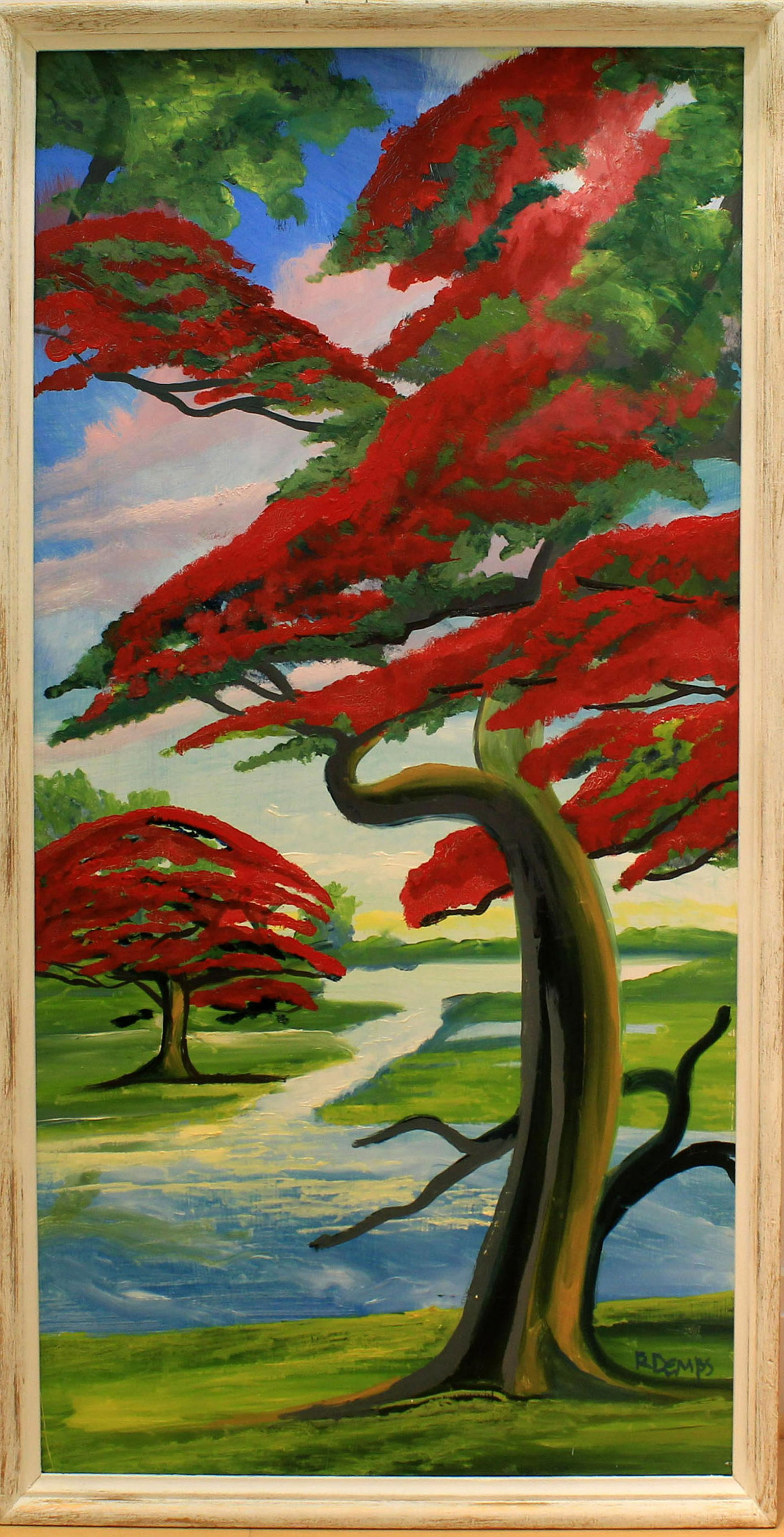 RODNEY DEMPS FLORIDA HIGHWAYMEN POINCIANAS: Demps, Rodney(1953- 2020), Florida Highwaymen Artist. Oil on masonite - signed lower right. 2 Royal Poinciana trees decorate the foreground and background. Board measures 24x48 vertical framed to over