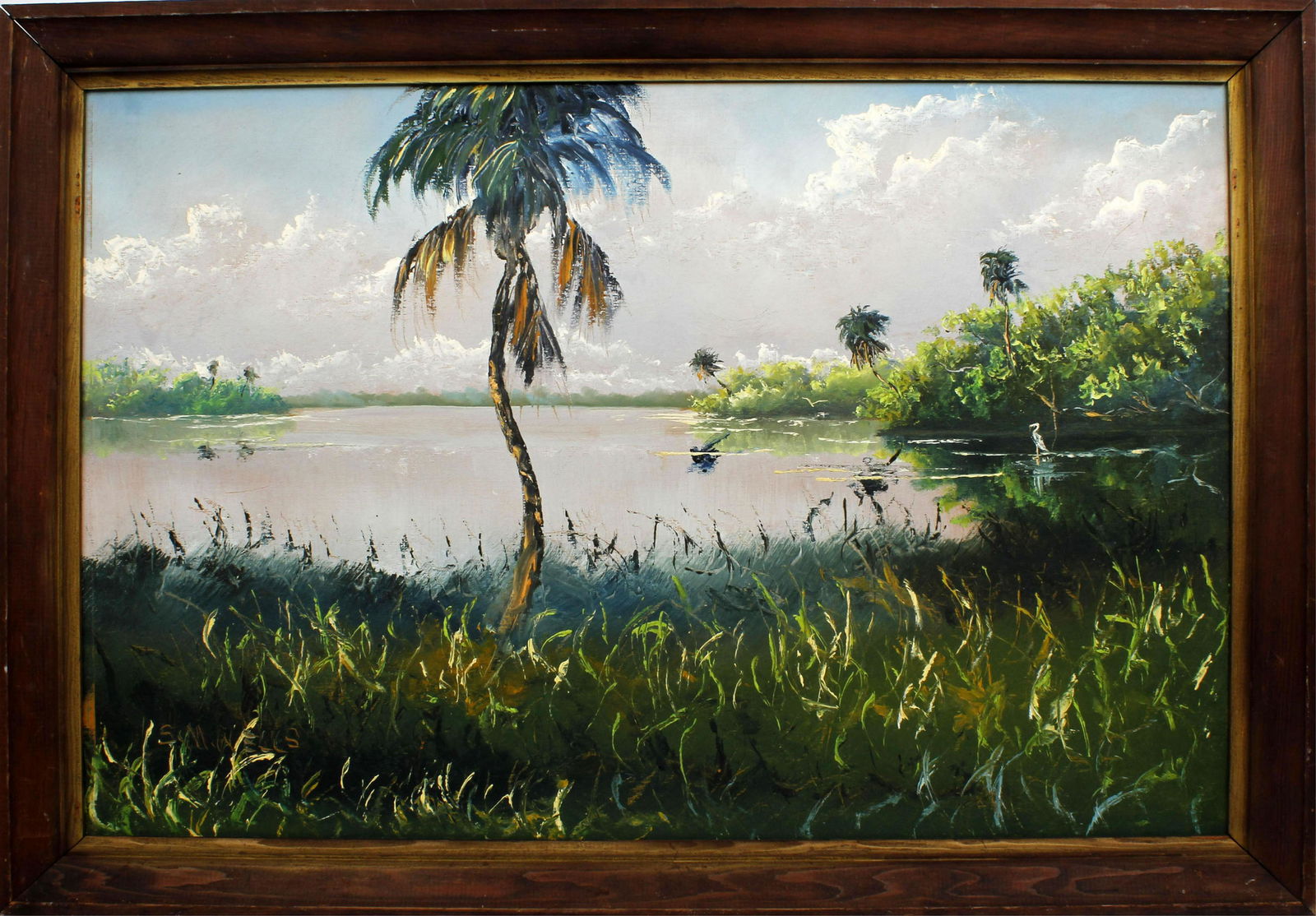 SYLVESTER WELLS FLORIDA HIGHWAYMEN GREEN INLET: Wells, Sylvester M. (B.1938), Florida Highwaymen Artist. Oil on upson - signed lower left. Lush greenery abounds at the bank of the river. Tall palms survey the scene. Board measures 24x36 framed to o