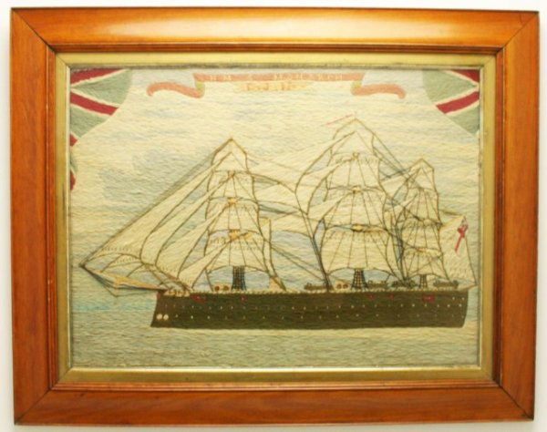 ROYAL NAVY ENGLISH SAILORS WOOLIE NEEDLEWORK PICTURE: ROYAL NAVY ENGLISH SAILORS WOOLIE NEEDLEWORK PIC Antique woolwork picture of a fully rigged, two deck ship flying the British ensign and named the HMS Monarch by C.J.N.. Framed in a Period and (possib