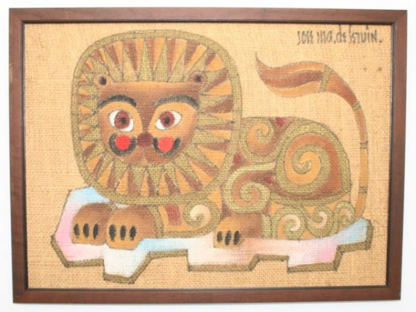 SIGNED ABSTRACT PAINTING JOSE MARIA DE SERVIN: SIGNED ABSTRACT PAINTING JOSE MARIA DE SERVIN Framed oil on burlap, Abstract lion by Jose Maria de Servin (Mexican 1917-1995), signed upper right. Size 19H x 25.5W. 20thC Size: 19 x 25" Condition: VGC
