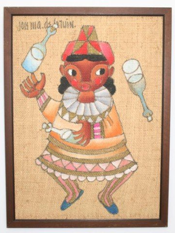 SIGNED ABSTRACT PORTRAIT PAINTING JOSE MARIA DE SERVIN: SIGNED ABSTRACT PORTRAIT PAINTING JOSE MARIA DE SE Framed oil on burlap, Portrait of a man juggling bottles by Jose Maria de Servin (Mexican 1917-1995), signed upper right. Size 19W x 25.5H. 20thC Siz