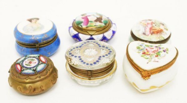LOT OF 6 19TH CENTURY PILL BOXES - INCL LIMOGES: LOT OF 6 19TH CENTURY PILL BOXES - INCL LIMOGES Lot of 6 pill boxes including a hand painted heart shaped box by Limoges, one is marked "Germany". One is hand painted blue glass. One is hand painted c