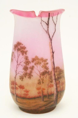 DAUM NANCY "FOREST" PINCHED GLASS ETCHED ENAMELED: DAUM NANCY "FOREST" PINCHED GLASS ETCHED ENAMELED Pinched glass vase with forest scene by Daum Nancy. Etched and enameled with a dawn effect. Standing 7 inches. VGC Size: 7 Condition: VGC EST. $2000-3