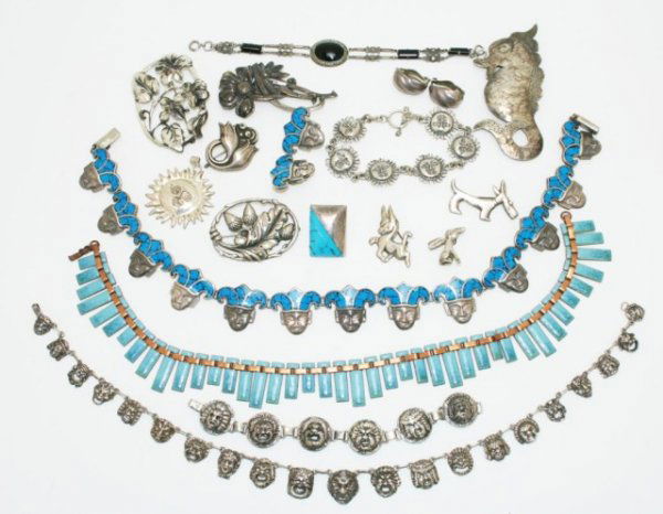MIXED LOT OF MOSTLY MEXICAN SILVER JEWLERY: MIXED LOT OF MOSTLY MEXICAN SILVER JEWLERY To include necklaces and bracelets in silver. 329g. Some with enameling. Also includes a vintage marcasite and jet bracelet. Size: Varied Condition: VGC EST.