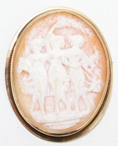 SOFT SHELL CAMEO THE THREE GRACES DANCING MAIDEN: SOFT SHELL CAMEO THE THREE GRACES DANCING MAIDENS The 3 graces, hand carved cameo in a 14K gold holder. Approx 1.25 inches. VGC. Weight: NA Size: 1.25" Condition: VGC EST. $100-200