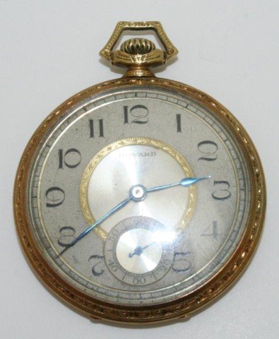 E. HOWARD 14K GOLD 17s CASE POCKETWATCH: E. HOWARD 14K GOLD 17s CASE POCKETWATCH Classic open face E. Howard pocketwatch. Yellow 14k gold. Hinged case is marked "E. Howard Watch Company Boston - Guaranteed 14K 585 Fine - The K. W. C. Co. SN 