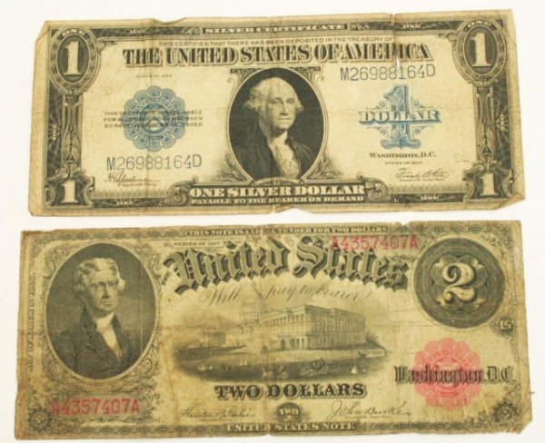 LOT 2 US CURRENCY NOTES SERIES 1923 $1 & SERIES: LOT 2 US CURRENCY NOTES SERIES 1923 $1 & SERIES Lot of 2 US currency notes, to include a series 1917 $2 red seal note and a series 1923 $1 blue seal silver certificate. Condition: VGC EST. $50-100