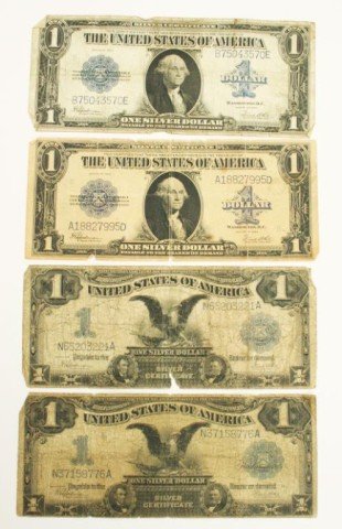 LOT 4 SERIES 1899 BLACK EAGLE & 1923 LARGE SILVER: LOT 4 SERIES 1899 BLACK EAGLE & 1923 LARGE SILVER Lot of 4 US currency notes to include: 2 series 1899 $1 Large Black Eagle Silver Certificates and 2 series 1923 $1 Large Silver Certificates. All have