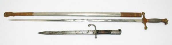STAUNTON MILITARY ACADEMY SWORD & A MAUSER BAYONET: STAUNTON MILITARY ACADEMY SWORD & A MAUSER BAYONET Presentation sword with a 29 inch etched blade with "Staunton Military academy" and flags and eagle to the other side. Brass hilt, silvered wire type