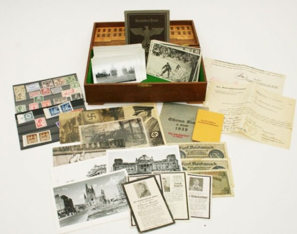 CIGARETTE BOX THIRD REICH GERMAN POSTCARDS & MORE: CIGARETTE BOX THIRD REICH GERMAN POSTCARDS & MORE A good mix of items including: period stamps (25). Including the Heydrich death mask stamp. Only 2 have been cancelled. 4 german soldier death cards (