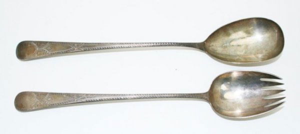 GEORGIAN SILVER SERVING SPOON AND FORK London 1786: Hallmarked London, 1786, maker George Smith, 12 inches long. No monogram. Foliate engraving. Approx. 6.6oz.