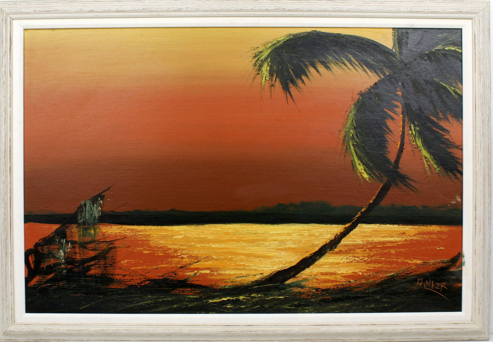 ALFRED HAIR HIGHWAYMEN JUMBO SARASOTA SUNSET: 114013ALFRED HAIR HIGHWAYMEN JUMBO SARASOTA SUNSET Hair, Alfred (1941-1970). Florida Highwaymen painting. Oil on early Upson, signed lower right. Vibrant Fire orange sky sunset silhouetting a lone pal