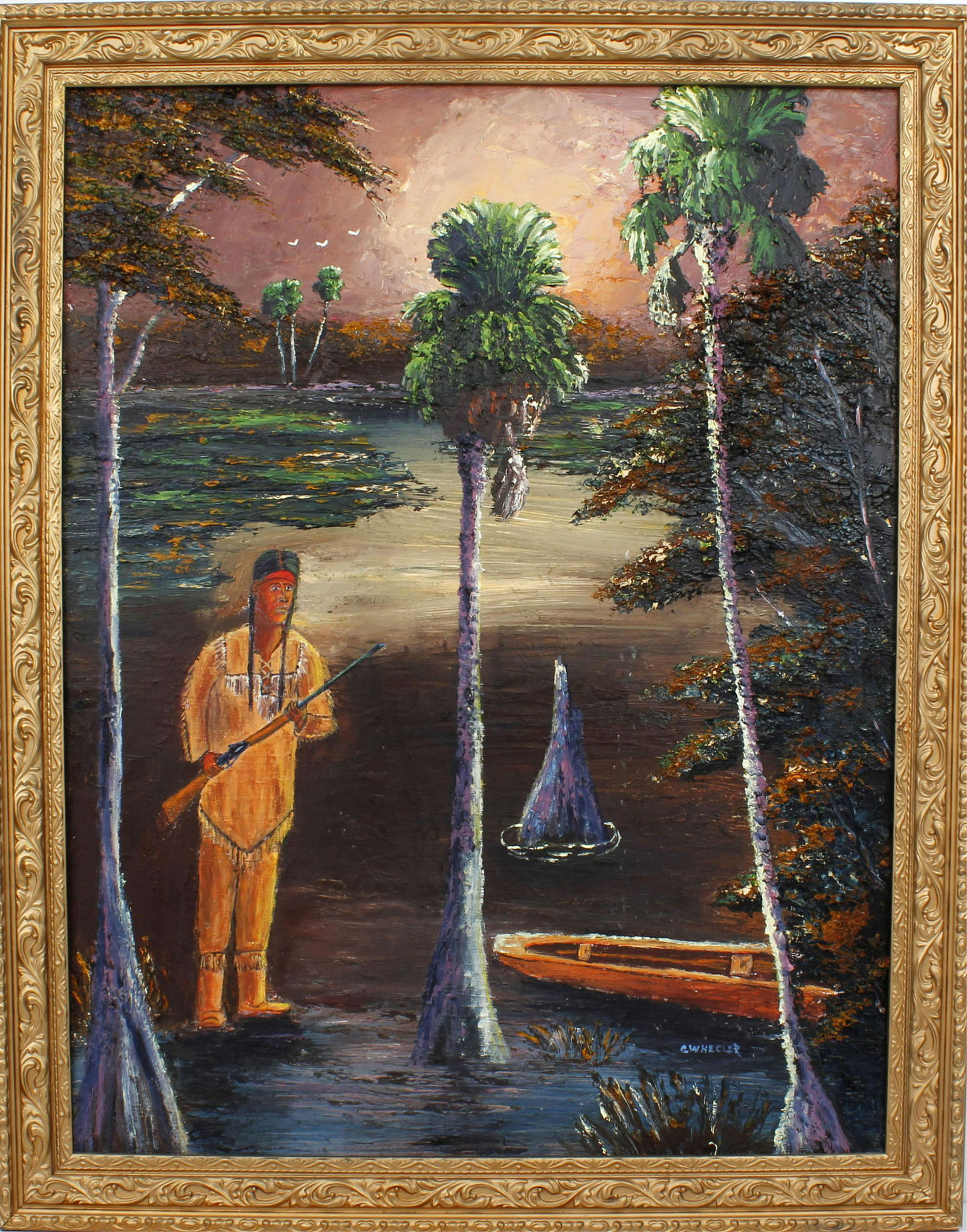 CHICO WHEELER FLORIDA HIGHWAYMEN SEMINOLE: 114017CHICO WHEELER FLORIDA HIGHWAYMEN SEMINOLE Wheeler, Charles “Chico” (1946-2019) Florida Highwaymen painting. Oil on masonite - signed lower right and reverse. Profuse use of palette knife. A