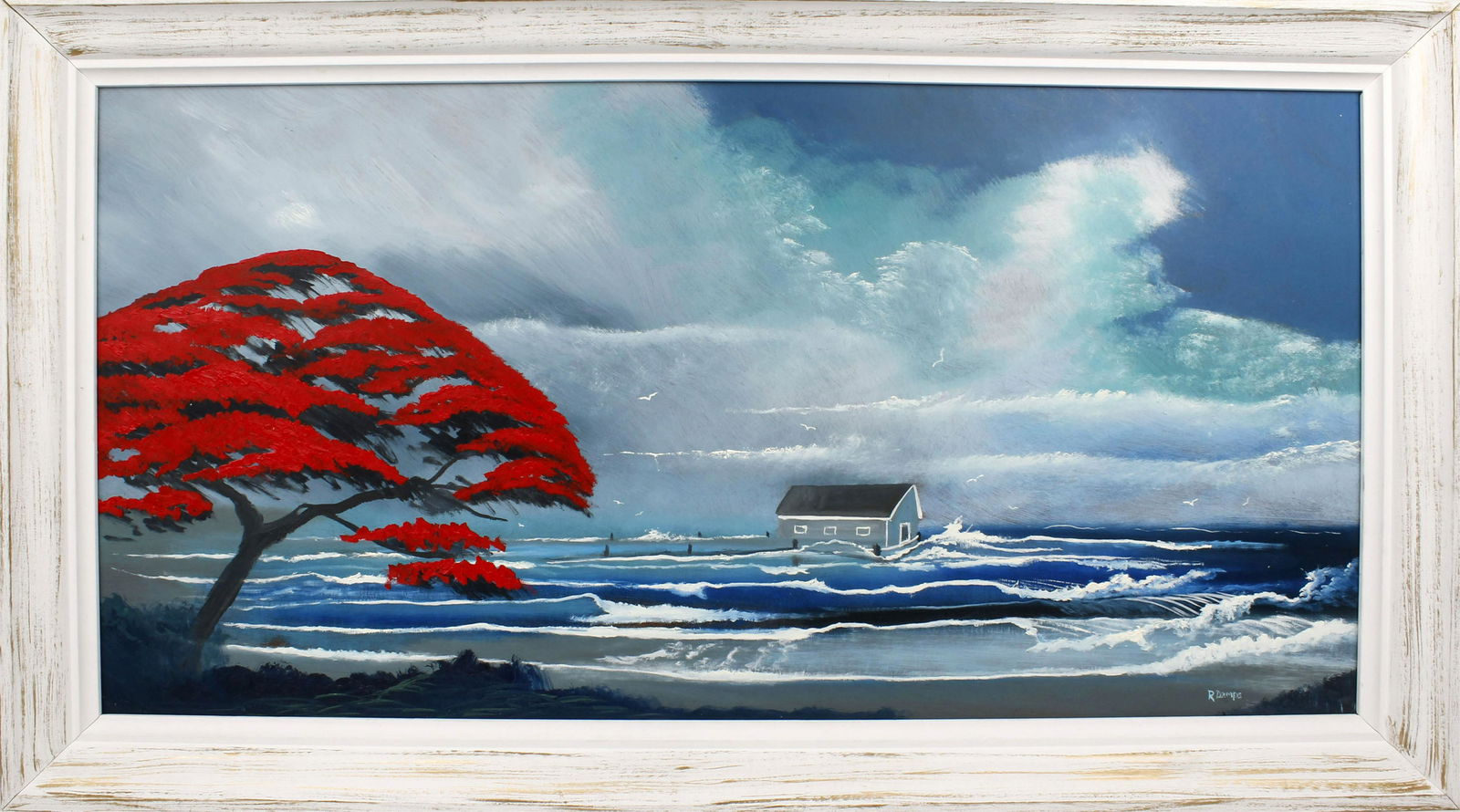 RODNEY DEMPS FLORIDA HIGHWAYMEN FISHING SHACK: 114059RODNEY DEMPS FLORIDA HIGHWAYMEN FISHING SHACK Demps, Rodney (1953- 2020) Florida Highwaymen painting. Oil on masonite - signed lower right. A fishing shack sits precariously on the end of a dock