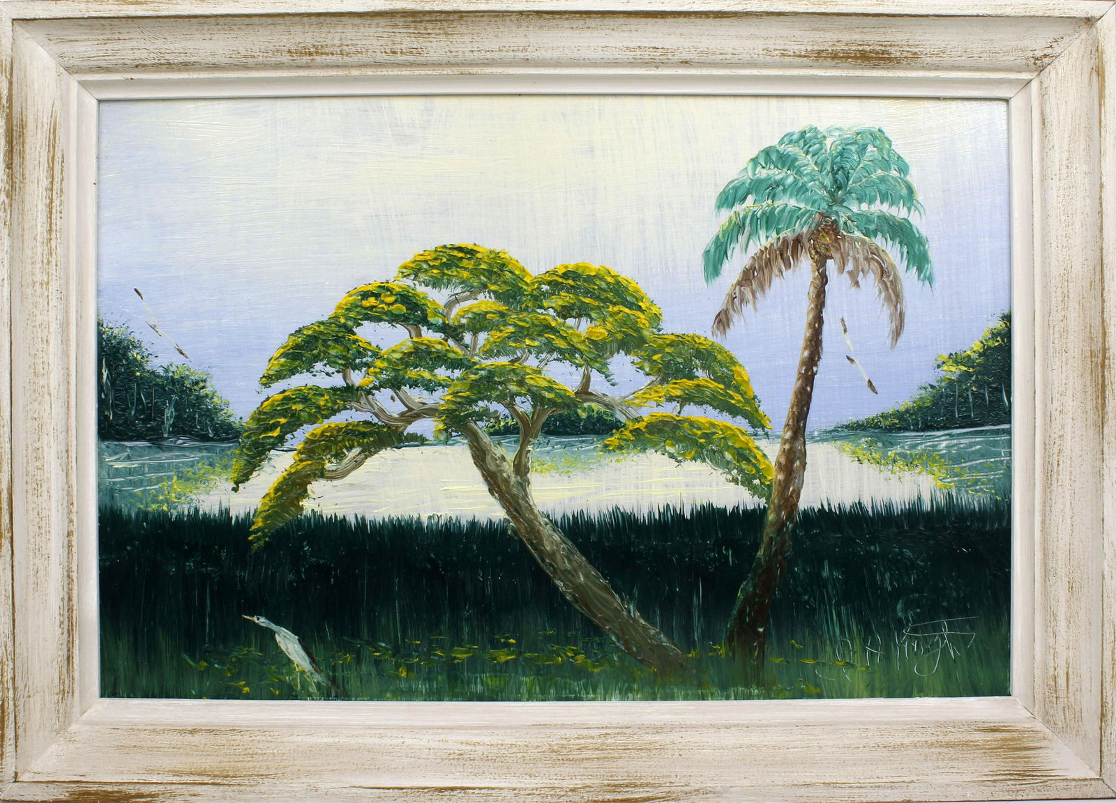 ISAAC KNIGHT FLORIDI HIGHWAYMEN RIVERSIDE TABEBUIA: 115037ISAAC KNIGHT FLORIDI HIGHWAYMEN RIVERSIDE TABEBUIA Knight, "Issac" Isaac (B.1942) Florida Highwaymen painting. Oil on Masonite - signed lower right. A Tabebuia and palm share a home along the ri