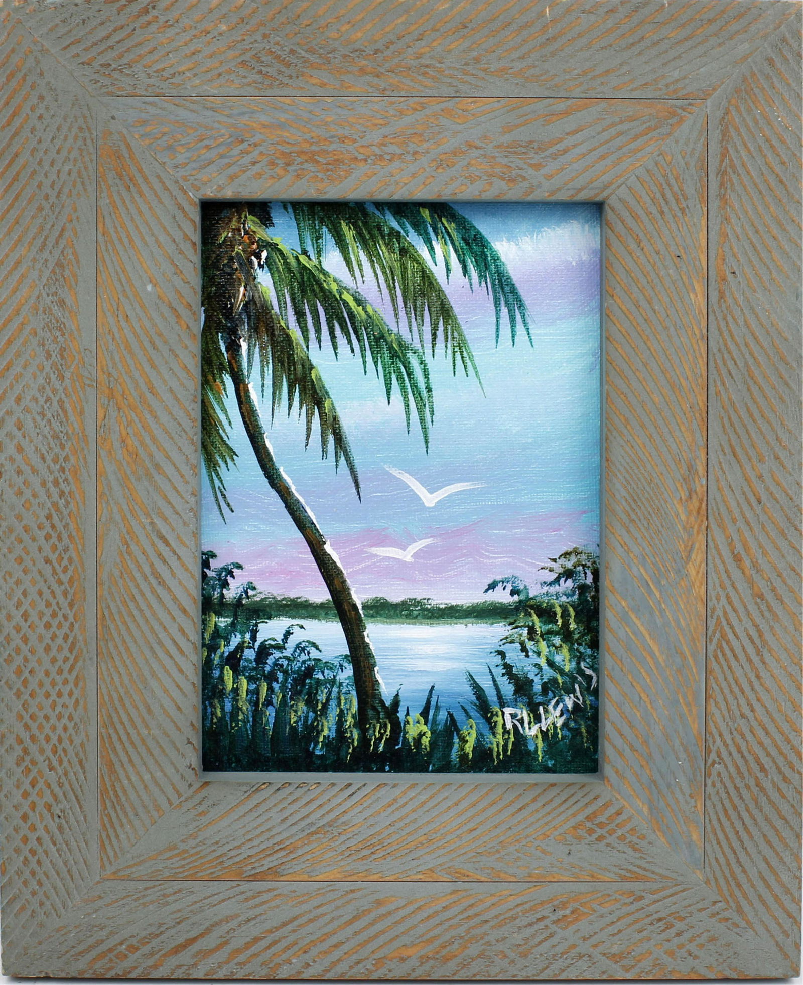 R.L. LEWIS FLORIDA HIGHWAYMEN RIVERSIDE RELAX 2: 115065R.L. LEWIS FLORIDA HIGHWAYMEN RIVERSIDE RELAX 2 Lewis, Robert Lee (B.1941) Florida Highwaymen painting. Acrylic on canvas board - signed lower right. A palm Tree sits on the riverside overlookin