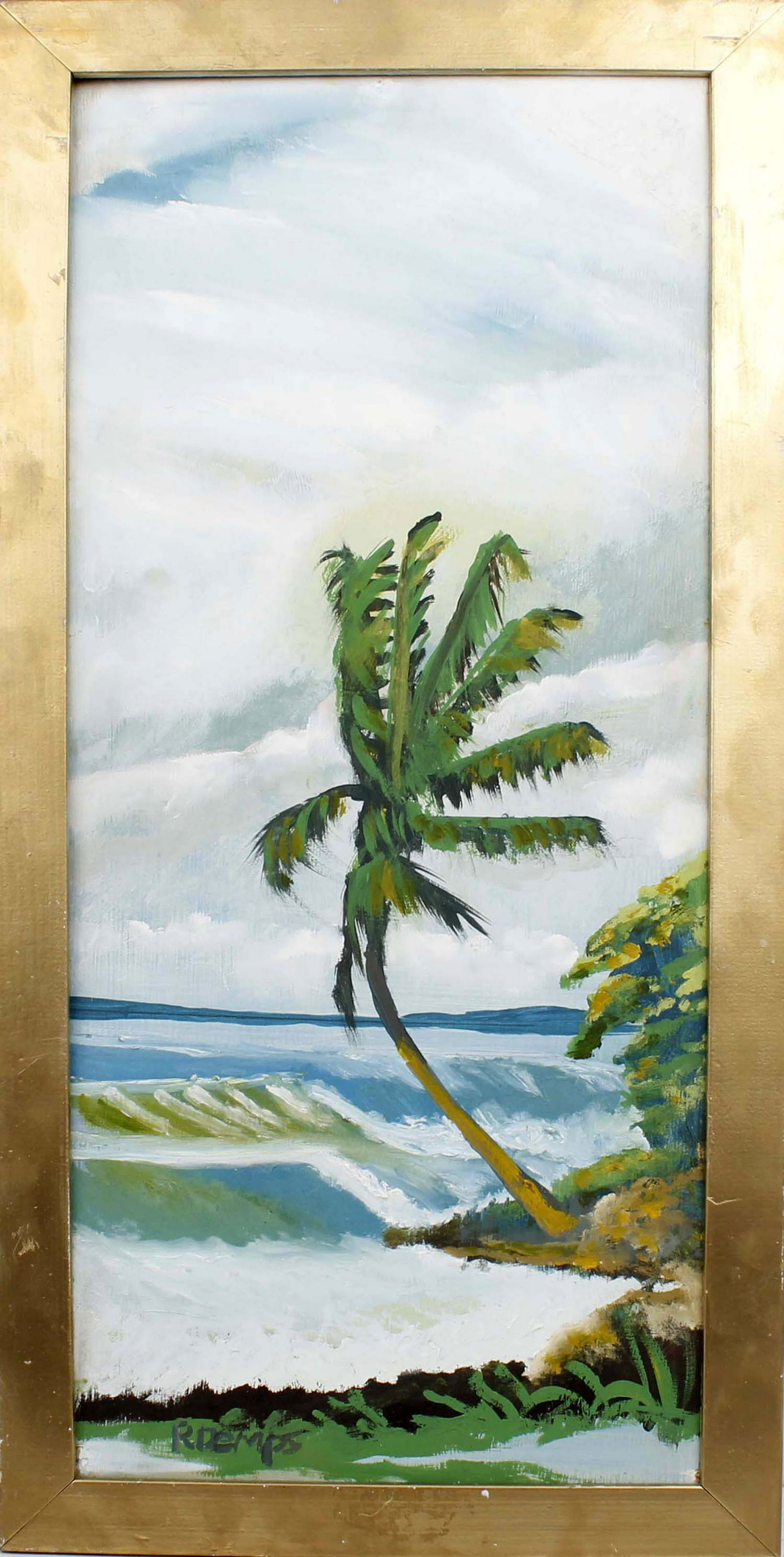 RODNEY DEMPS FLORIDA HIGHWAYMEN SWAYING PALM TREE: 115077RODNEY DEMPS FLORIDA HIGHWAYMEN SWAYING PALM TREE Demps, Rodney (1953- 2020) Florida Highwaymen painting. Oil on masonite - signed lower left. A lone palm tree sways in the ocean breeze. Board m