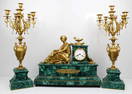 CHARLES X MALACHITE MANTLE CLOCK / CANDELABRAS