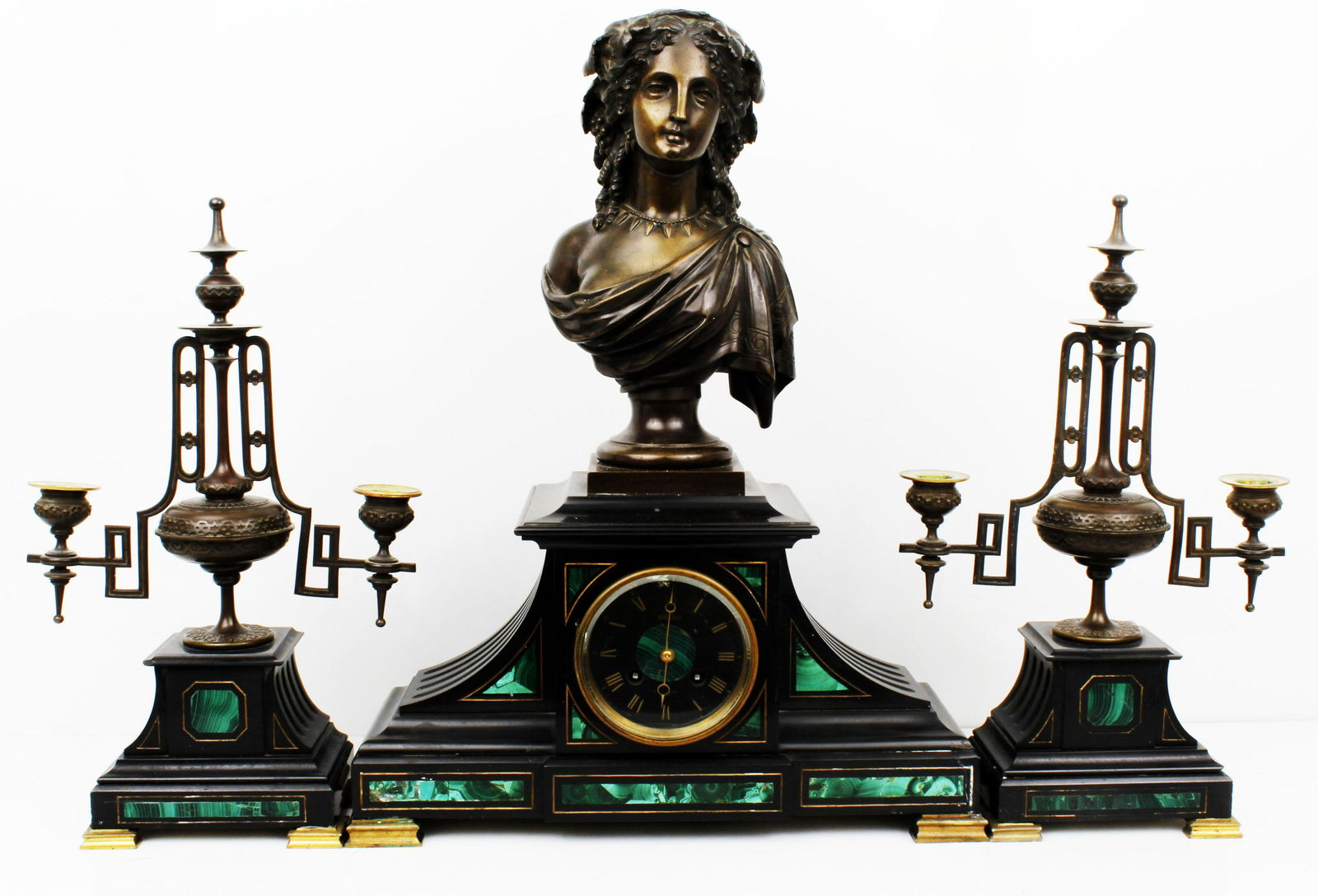 BRONZE LIBERTY BUST MALACHITE CLOCK (1 of 4)