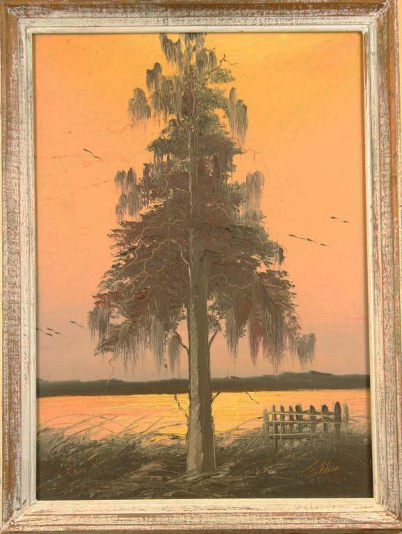 HIGHWAYMAN FLORIDA LANDSCAPE PAINTING - J GIBSON: HIGHWAYMAN FLORIDA LANDSCAPE PAINTING - J GIBSON Oil on board painting of a Florida coastal scene by James Gibson. Some damage to the paint. Period frame. Size: 20 x 26" total. Condition: VGC EST. 200