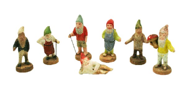 LOT 7 ANTIQUE GERMAN GNOME OR ELF FIGURINES: LOT 7 ANTIQUE GERMAN GNOME OR ELF FIGURINES 7 hand painted German gnome or elf figurines. Some have been repaired. Size: 2.25" Condition: GC EST. 100-200