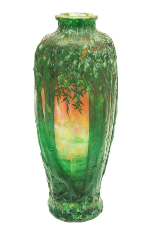DAUM NANCY FRENCH ART GLASS VASE: DAUM NANCY FRENCH ART GLASS VASE Signed Daum Nancy glass vase with Cross of Loraine. Circa 1900. Green forest scene with vines and village. Vibrant colors. A beautiful work of art. Size: 11.5" Conditi