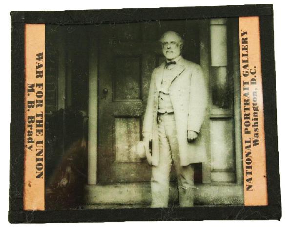 M.B. BRADY GLASS PHOTOGRAPHIC SLIDE ROBERT E LEE: M.B. BRADY GLASS PHOTOGRAPHIC SLIDE ROBERT E LEE An M.B. Brady Glass Photographic Slide of ROBERT E LEE, standing outside his home in Arlinton, circa 1865, with paper lebal printed "WAR FOR THE UNION 