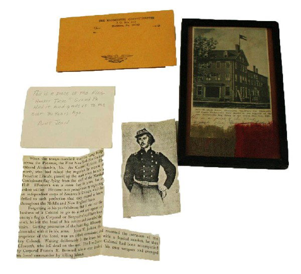 MARSHALL HOUSE CIVIL WAR FLAG FRAGMENT: MARSHALL HOUSE CIVIL WAR FLAG FRAGMENT The Marshall House stood on the corner of King and South Pitt streets. James W. Jackson was killed by Union troops after he shot and killed Col. Elmer Ephrai