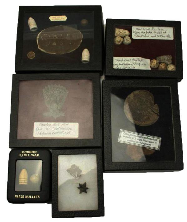 LOT OF CIVIL WAR BATTLEFIELD RELICS & DIG FINDS: LOT OF CIVIL WAR BATTLEFIELD RELICS & DIG FINDS To include: A Union Army Hardee hat insignia, found at Cold Harbor, Virginia. An eagle breast plate and artillery shell fragment found at Antietam, bull