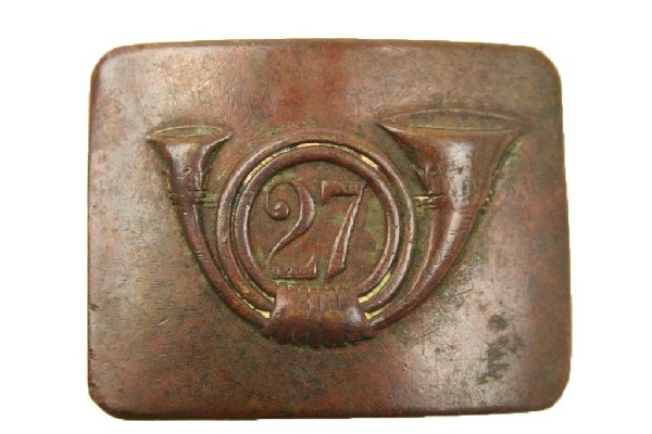 CIVIL WAR 27th REGIMENT BELT PLATE BUCKLE: CIVIL WAR 27th REGIMENT BELT PLATE BUCKLE Good, heavy brass buckle. No makers marks. Some light polish wear, this is a ground find. Size: 2.5 x 2" Condition: GC EST. 150-350