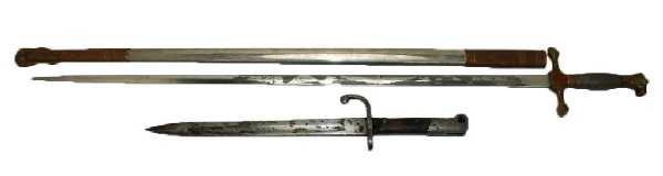 STAUNTON MILITARY ACADEMY SWORD & A MAUSER BAYONET: STAUNTON MILITARY ACADEMY SWORD & A MAUSER BAYONET Presentation sword with a 29 inch etched blade with "Staunton Military Academy" and flags and eagle to the other side. Brass hilt, silvered wire type