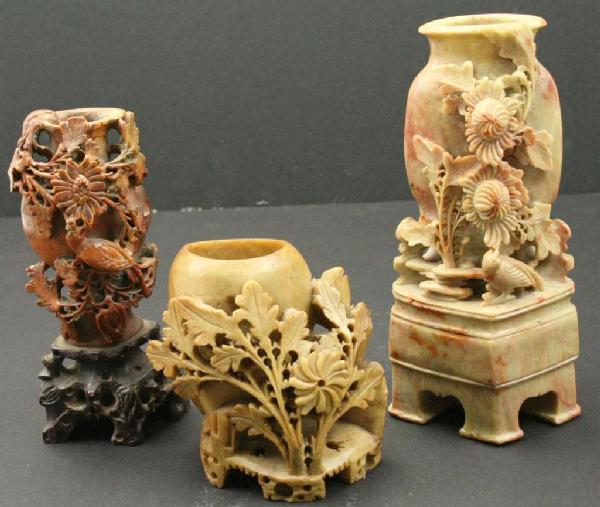 3 CHINESE SOAPSTONE CARVED VASES: 3 CHINESE SOAPSTONE CARVED VASES Very well and finely carved vases. Size: Various, 4" to 7" Condition: VGC EST. 150-350