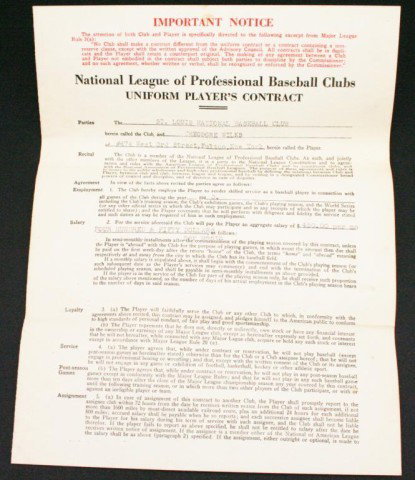 THEODORE TED "CORK" WILKS BASEBALL CONTRACT 1943: THEODORE TED "CORK" WILKS BASEBALL CONTRACT 1943 National league of Professional Baseball Clubs, Uniform Players Contract. For the St. Louis baseball club. Signed by Ted Wilks and Sam Breadon in 1943.
