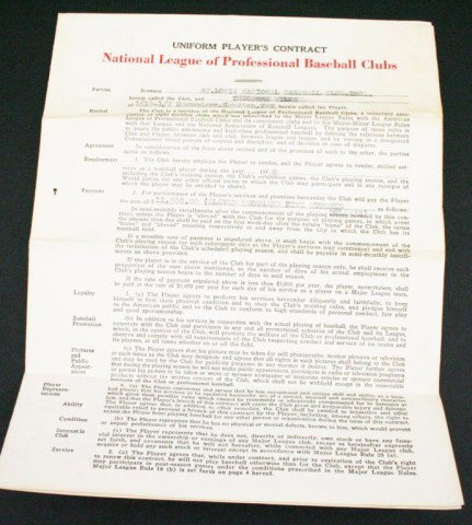 THEODORE TED "CORK" WILKS BASEBALL CONTRACT 1948: THEODORE TED "CORK" WILKS BASEBALL CONTRACT 1948 National league of Professional Baseball Clubs, Uniform Players Contract. For the St. Louis baseball club. Signed "Theodore Wilks" and by Robert E. Han