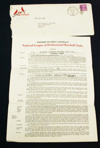 THEODORE TED "CORK" WILKS BASEBALL CONTRACT 1949: THEODORE TED "CORK" WILKS BASEBALL CONTRACT 1949 National league of Professional Baseball Clubs, Uniform Players Contract. For the St. Louis baseball club. Signed "Theodore Wilks" and "Fred Saigh in 1