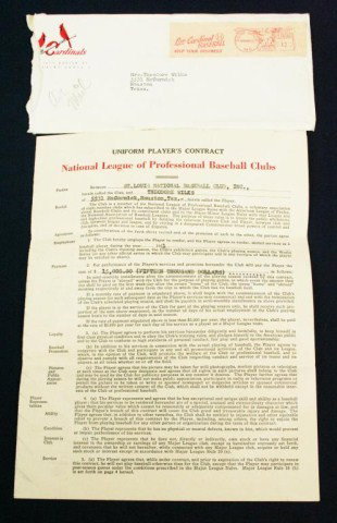 THEODORE TED "CORK" WILKS BASEBALL CONTRACT 1951: THEODORE TED "CORK" WILKS BASEBALL CONTRACT 1951 National league of Professional Baseball Clubs, Uniform Players Contract. For the St. Louis baseball club. Signed "Theodore Wilks" and "Fred Saigh in 1
