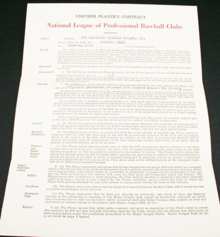 THEODORE TED "CORK" WILKS BASEBALL CONTRACT 1952: THEODORE TED "CORK" WILKS BASEBALL CONTRACT 1952 National league of Professional Baseball Clubs, Uniform Players Contract. For the Pittsburgh Athletic Company. Signed "Theodore Wilks" and by Branch Ri