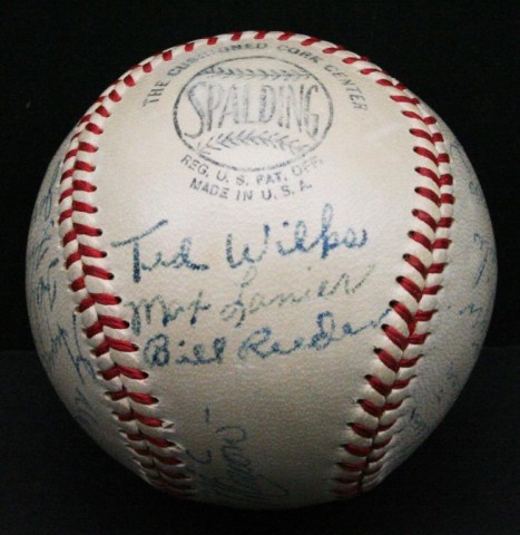 TED WILKS GAME BALL TEAM SIGNED BASEBALL: TED WILKS GAME BALL TEAM SIGNED BASEBALL A match ball with original signatures of Enos Slaughter, Stan Musial, Harry Brecheen, Ron Northey, Del Rice, Jerry Staley, Ted wilks, Mat Lamin, Bill Ruder and