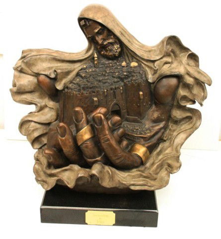 LARGE BRONZE "JERUSALEM" BY DELEIR: LARGE BRONZE "JERUSALEM" BY DELEIR Bronze statue of Jesus holding Jerusalem in his hands. Titled "Jerusalem" and sculpted by Deleir. On a marble base. Stands 20" tall with a base of 12" x 12". Size: 2