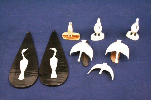 ALASKAN WALRUS TUSK IVORY BIRDS: ALASKAN WALRUS TUSK IVORY BIRDS A mixed lot of carved ivory birds. Some are signed by the artist. Two of the birds are mounted to baleen backings. Size: Various Condition: VGC EST. $200-400