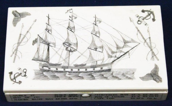 WHALER ADELAIDE WALRUS TUSK IVORY BOX 1882: WHALER ADELAIDE WALRUS TUSK IVORY BOX 1882 A well made ivory box with a fine scrimshaw of an English ship with whaling designs. The sides show different places with their way points. The base is inscr