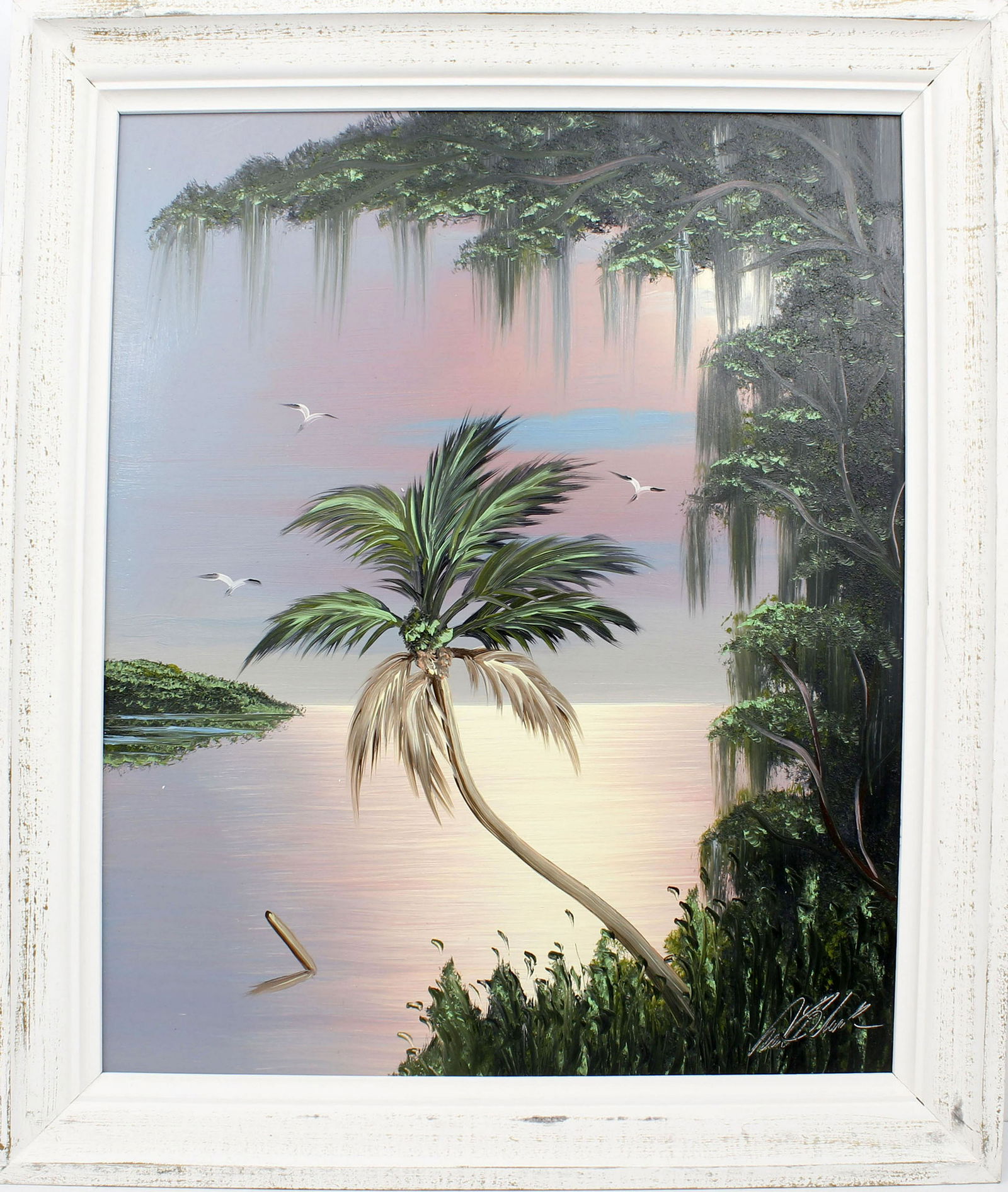 AL BLACK FLORIDA HIGHWAYMEN LEANING PALM: Black, Albert â€œBlood” (B.1947) Florida Highwaymen painting. Oil on Masonite - signed lower right. A lone palm leans into the afternoon sunlight. Board measures 20x24 framed to overall size