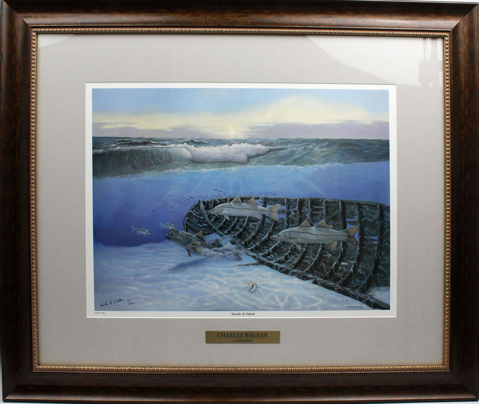 CHARLES WALKER FLORIDA HIGHWAYMEN SNOOK AT DAWN: Walker, Charles (B.1946) Florida Highwaymen Print. Signed and numbered lower left. Titled "Snook At Dawn". Print measures 19x25 framed to overall size of 33x39. Condition: Very Fine