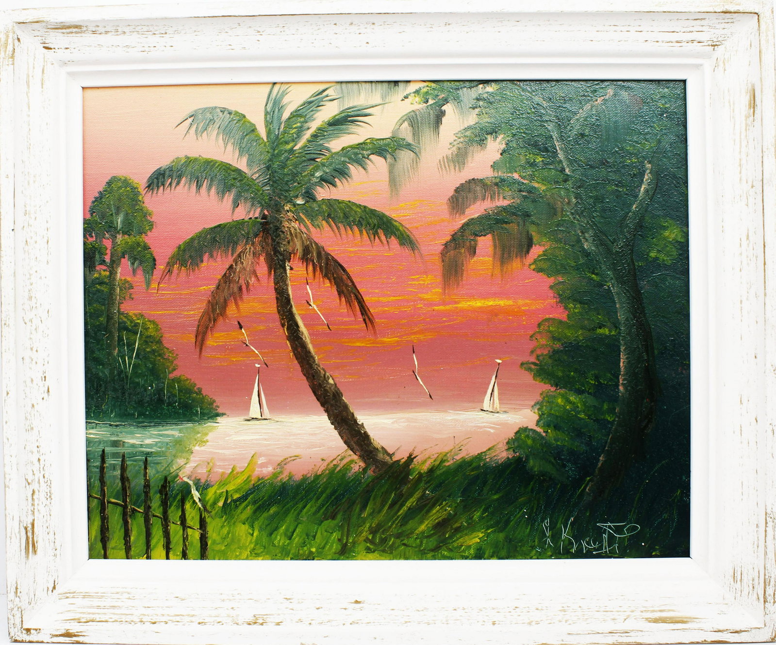 ISAAC KNIGHT FLORIDA HIGHWAYMEN PINK FIRE SKY: Knight, "Issac" Isaac (B.1942) Florida Highwaymen Painting. Oil on Artist - signed lower right. Vivid pink fire sky with several boats on a sail. Board measures 16x20 framed to overall size of 20x24. 