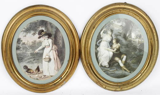 LOT OF 2 - STIPPLE-ENGRAVINGS MINIATURE: Lot of two oval miniature Stipple-engravings to include: (1) "Rinaldo and Armida" by Thomas Burke. (1) "Rustic Employment" by J.R. Smith. Both Measure 8.5" x 10" framed. Condition: Fine.