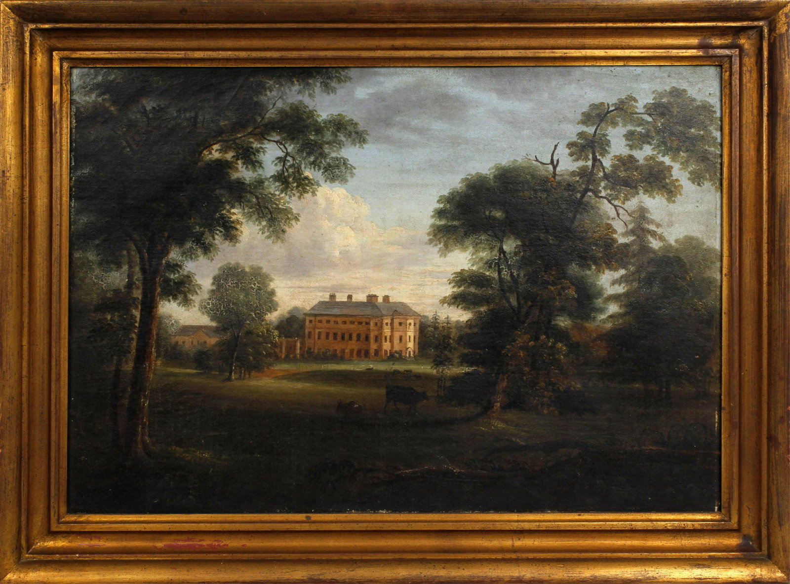 JAMES WARD CATTLE AND DEER AT WOODS EDGE: Ward, James (1769-1859) Painting. Oil on Canvas - UNSIGNED. Cattle and deer graze at the woods edge near a large home. Canvas measures 14x20 framed to overall size of 18x24. James Ward was one of the