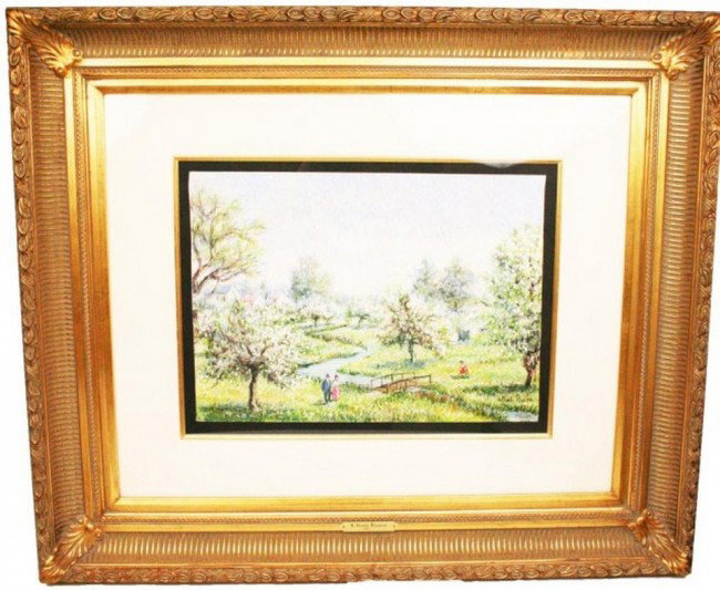 PAINTING - HUGHES CLAUDE PISSARRO - LE PETIT PONT: PAINTING - HUGHES CLAUDE PISSARRO - LE PETIT PONT H. CLAUDE PISSARRO (French, b. 1935). LE PETIT PONT, Pastel on paper, signed lower right. Attached to the reverse is a small bio and a COA/Registratio